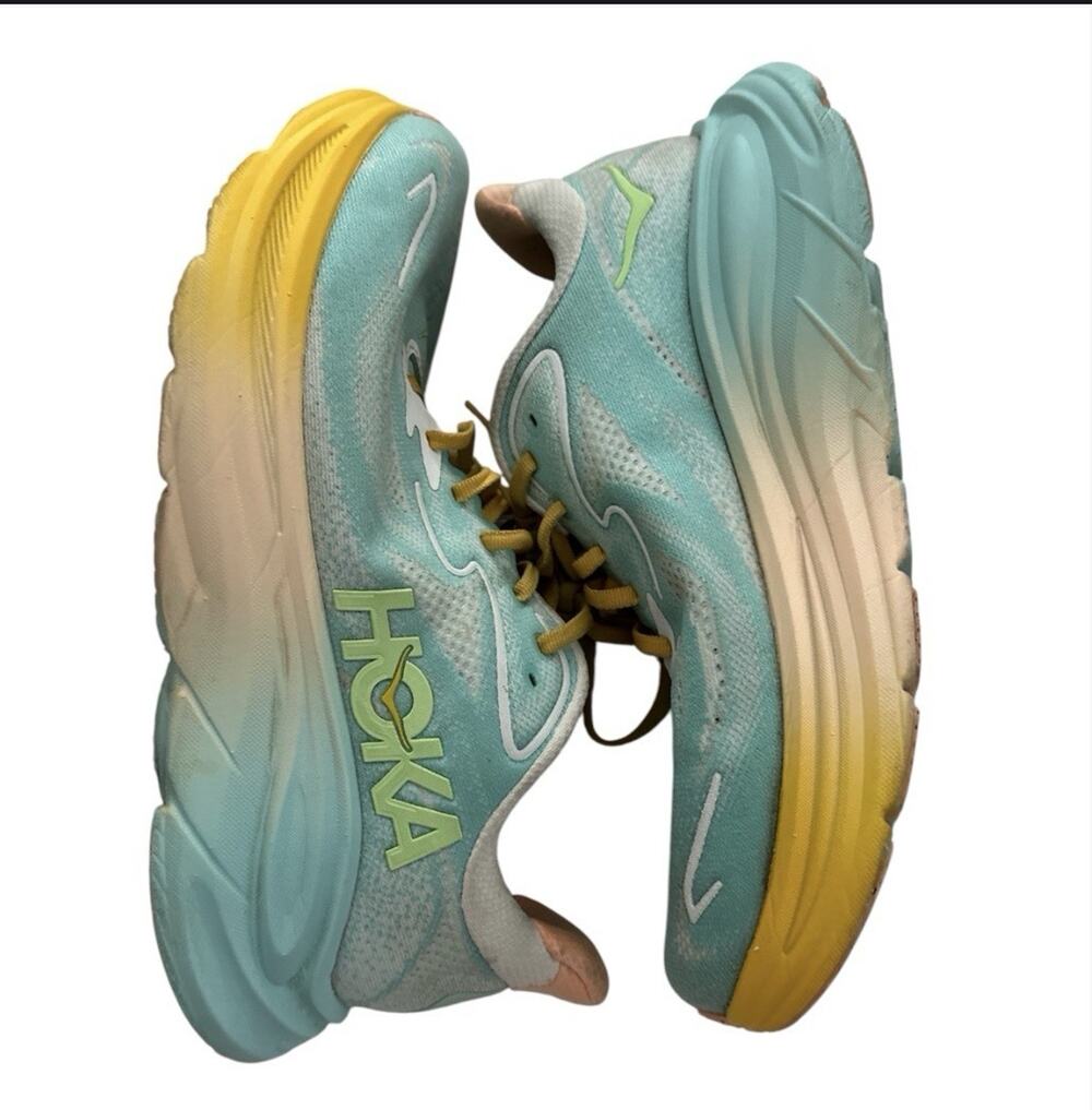 Hoka Clifton 10 Womens Runners sz 9.5 B Blue Spark White GUC Multicolored Shoes